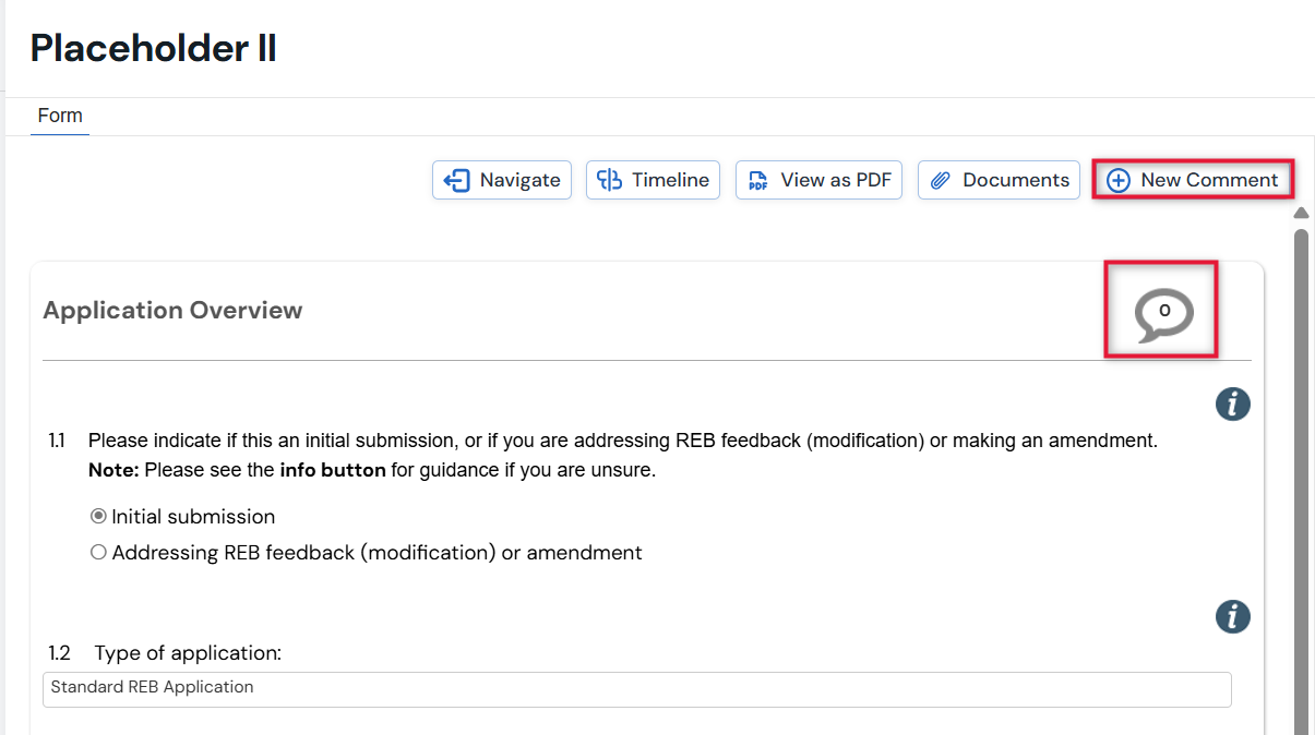 Screenshot of New Comment button in action ribbon and the comment bubble