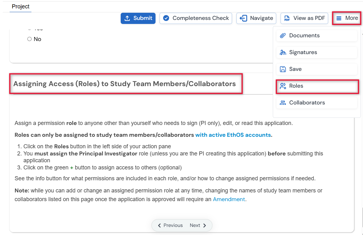 Screenshot of the personal page of the REB and the roles button.