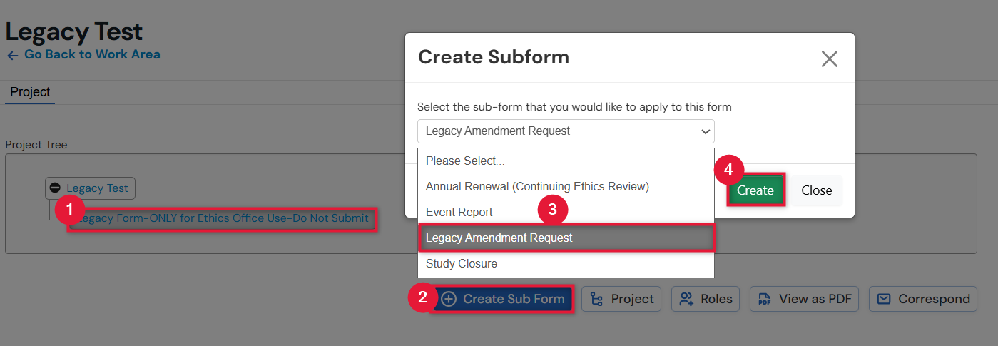 Screenshot of the Create subform popup window and the subform select menu 