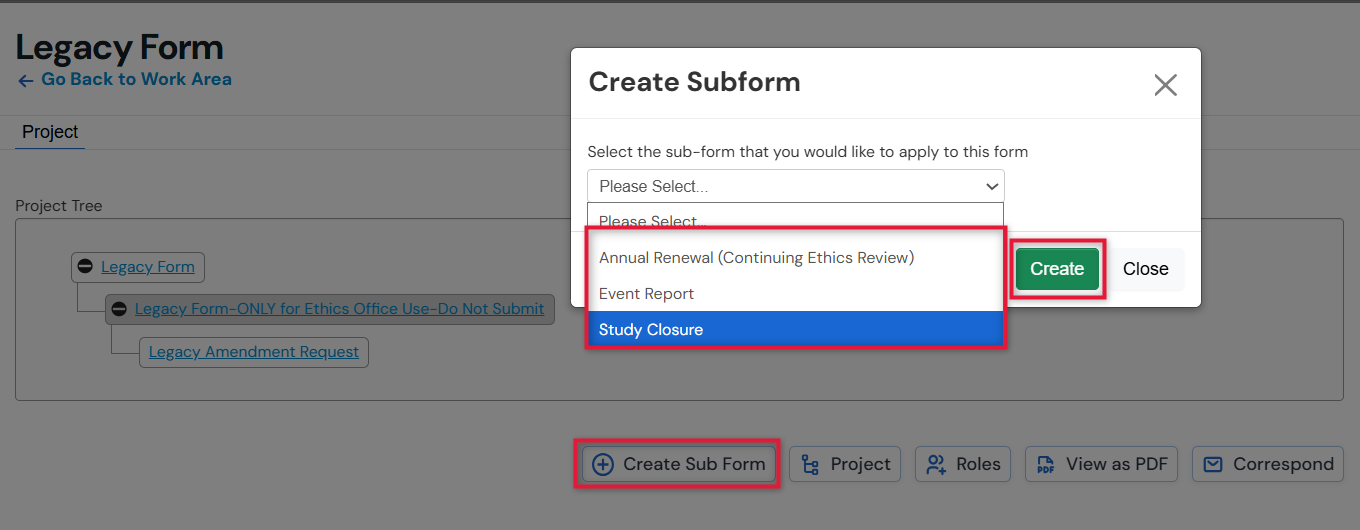 Screenshot of the create subform menu with study closure selected