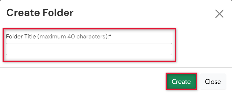 Screenshot of the Create Folder pop up, promting user to enter the title of new folder.