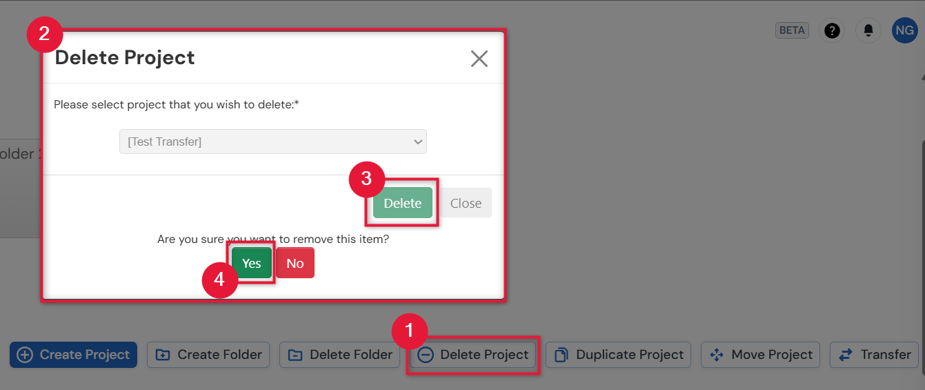 Screenshot of steps 1-4 on deleting a Project using the Delete Project button from the action ribbon.
