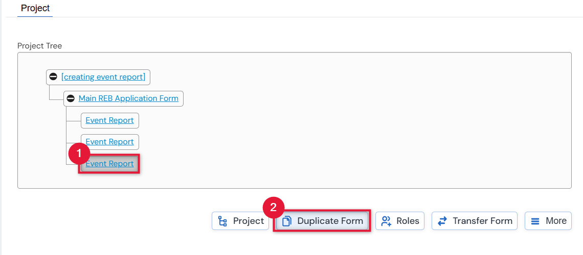 Screenshot of the steps of creating a duplicate subform by selecting on the subform from the Project Tree.