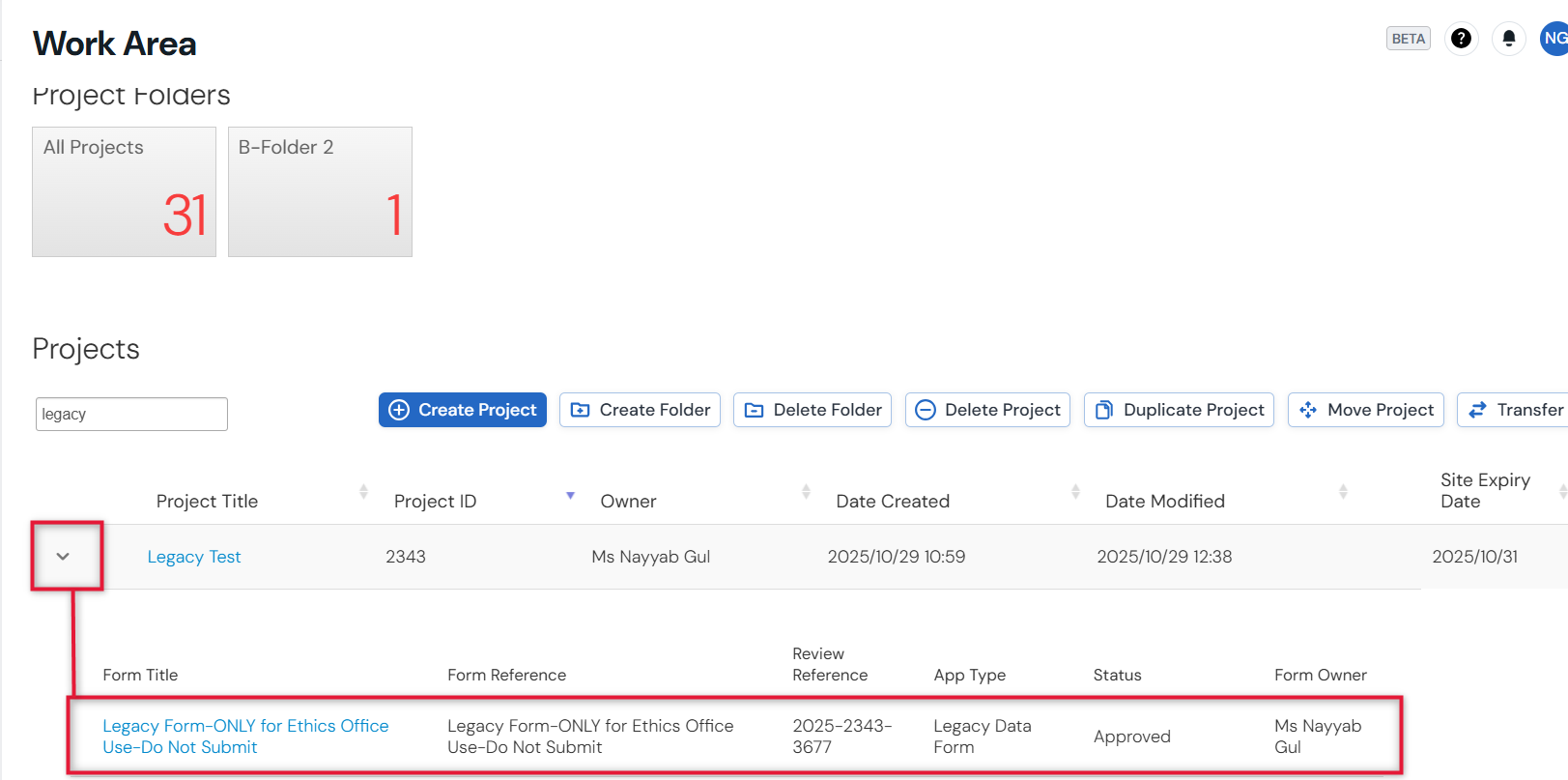 Screenshot of a Legacy form in a Work Area