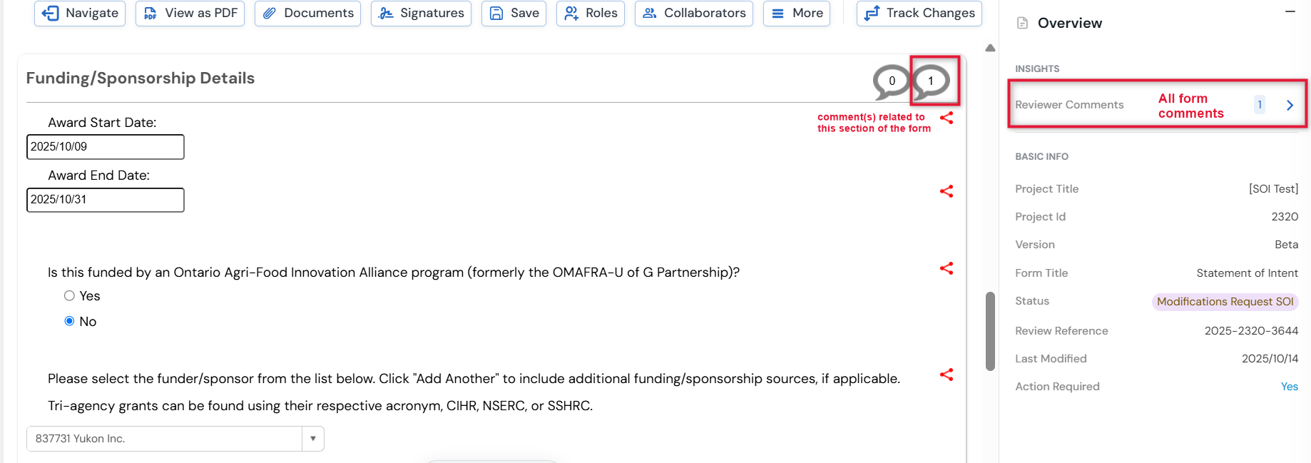 Screenshot of from, highlighting where to access comments.