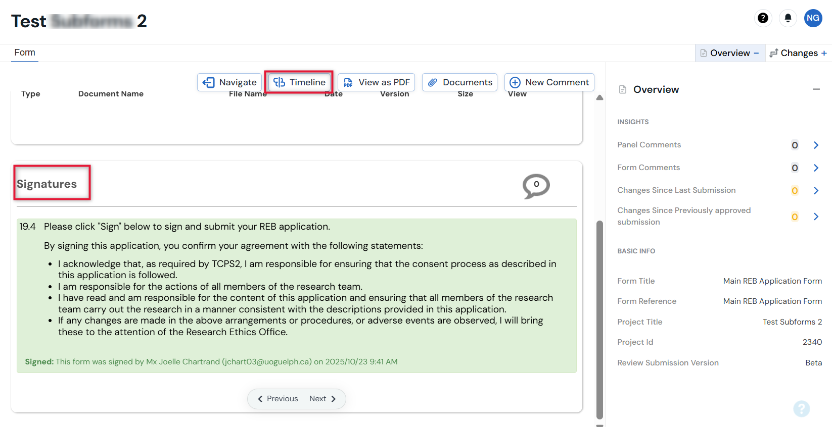 Screenshot of the signatures page with the Timeline Button
