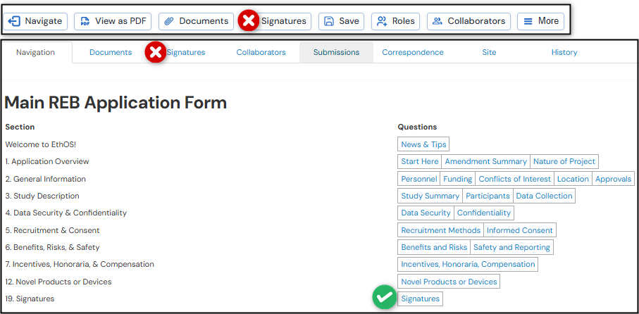 Screenshot showing not to use the signatures button from the action ribbon or the signatures tab instead to use the Signatures link from the question section.