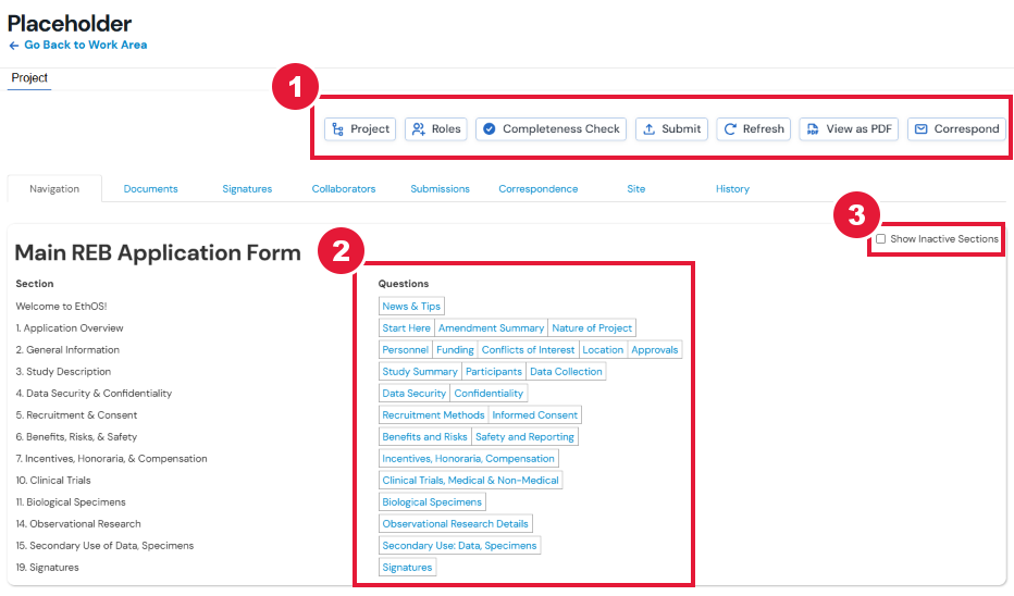 Screenshot of the main page of an application form with action ribbon and question sections 