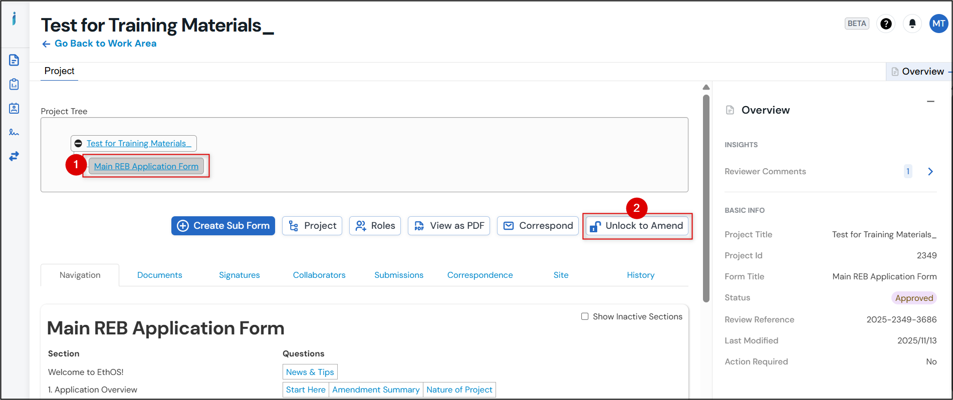 Screen shot showing the main application form as the first branch in a project tree and the Unlock to Amend button.