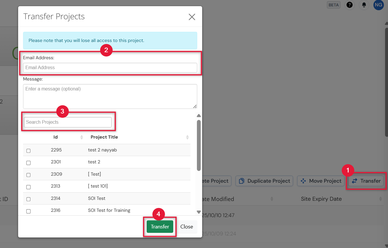 Screenshot of steps 1-4 on how to transfer a project using the transfer button from the action pane.