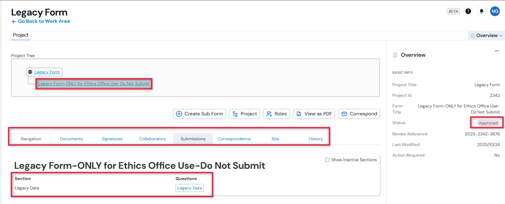 Screenshot of the Main page of a Legacy Form