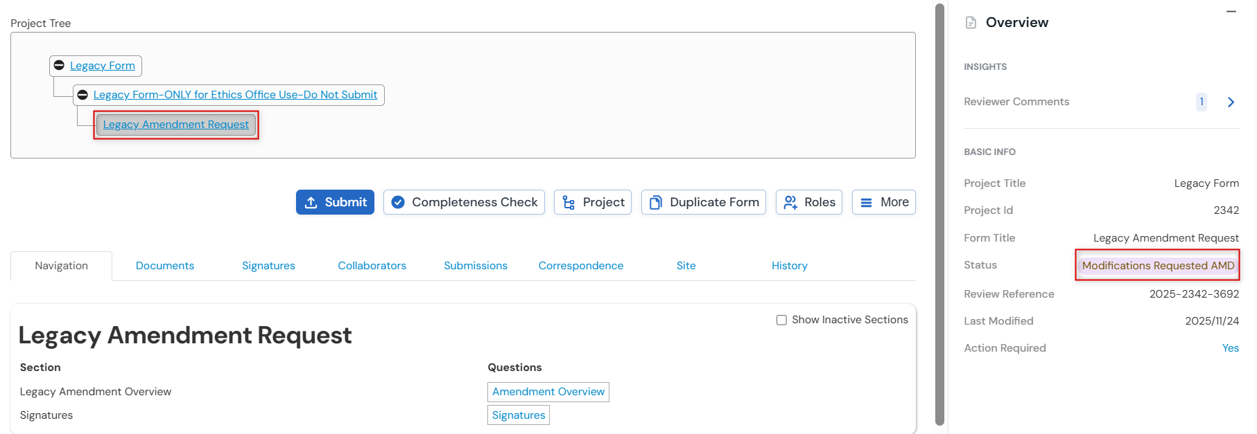 Screenshot of the legacy form in a Modification Requested Status