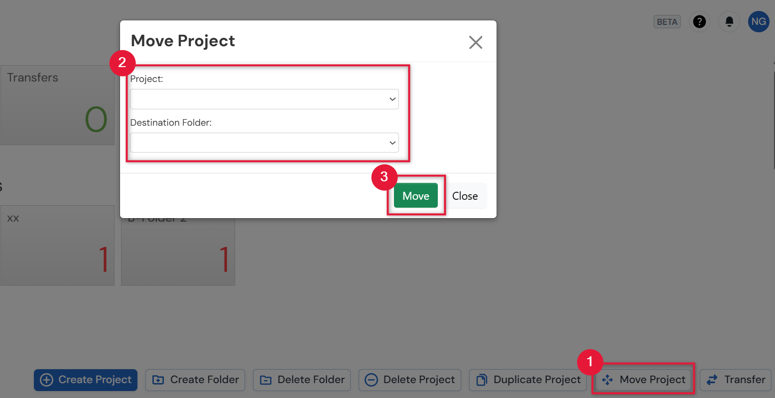 Screenshot of steps 1-3 of adding Projects to folders using Move Project button.