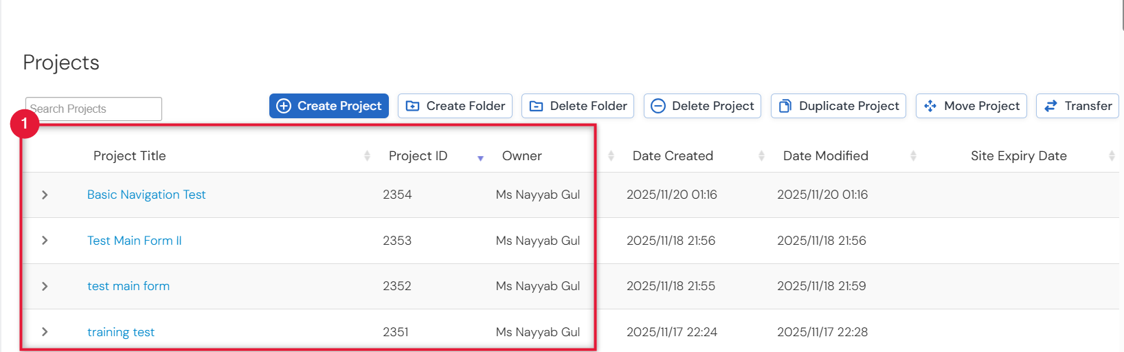 Screenshot of the Project List (collapsed view).