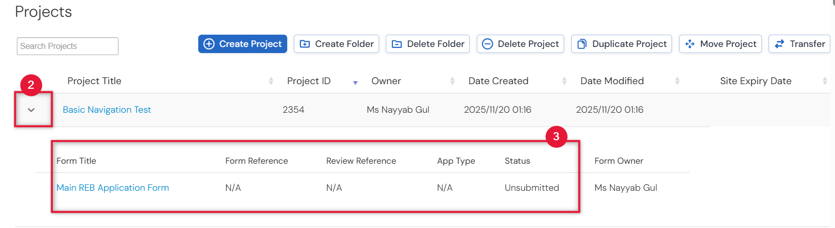 Screenshot of an expanded project in the Project List.