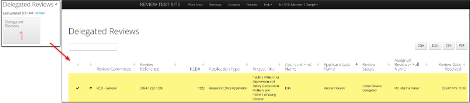 A screenshot of the Delegated Reviews tile pointing to the Delegated Reviews list 