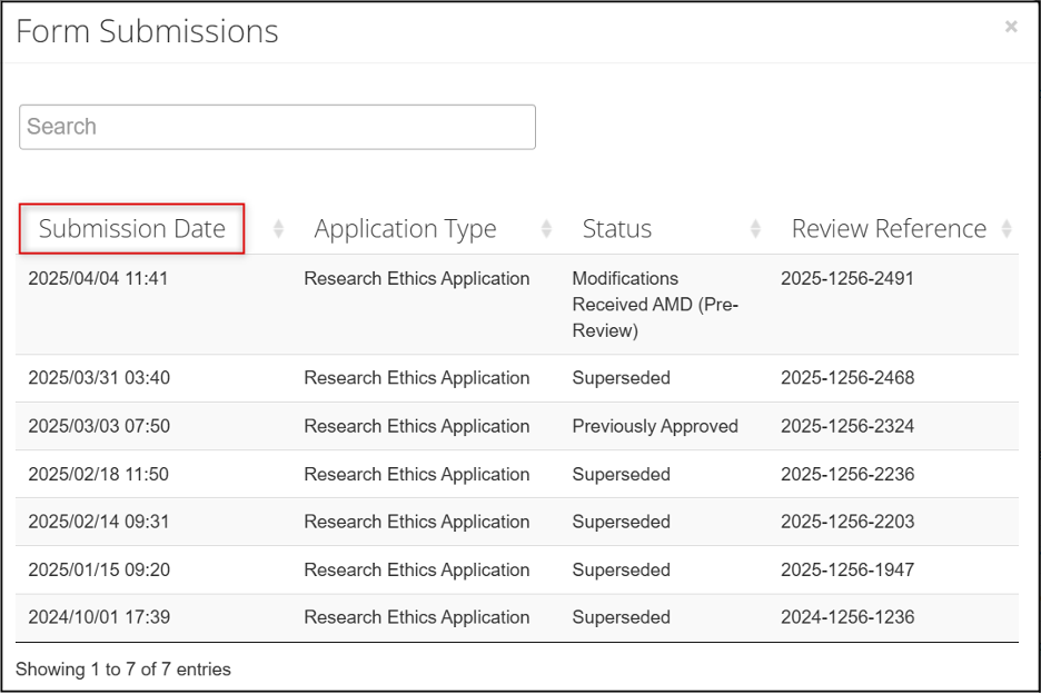 A screenshot of the Form Submission pop-up window with the Submission Date column heading highlighted. 