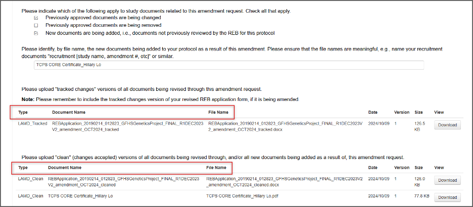 A screenshot of the lower half of a Legacy Amendment Request form with the document areas highlighted