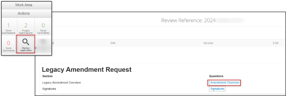 A screenshot the Review Application tile and the Legacy Amendment Request main page that it opens