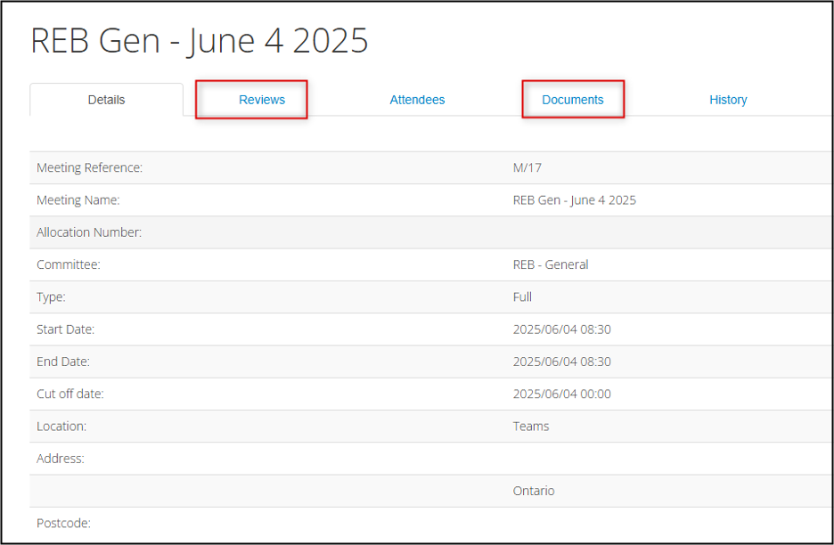 A screenshot of the EthOS Meeting Details with the Reviews and Documents tab highlighted
