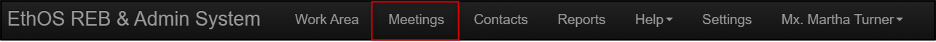 A screenshot of the EthOS navigation bar with the Meetings menu highlighted in a red box