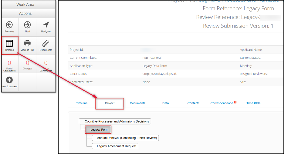 A screenshot the Timeline action pointing to an expanded Project showing a Legacy Form being highlighted