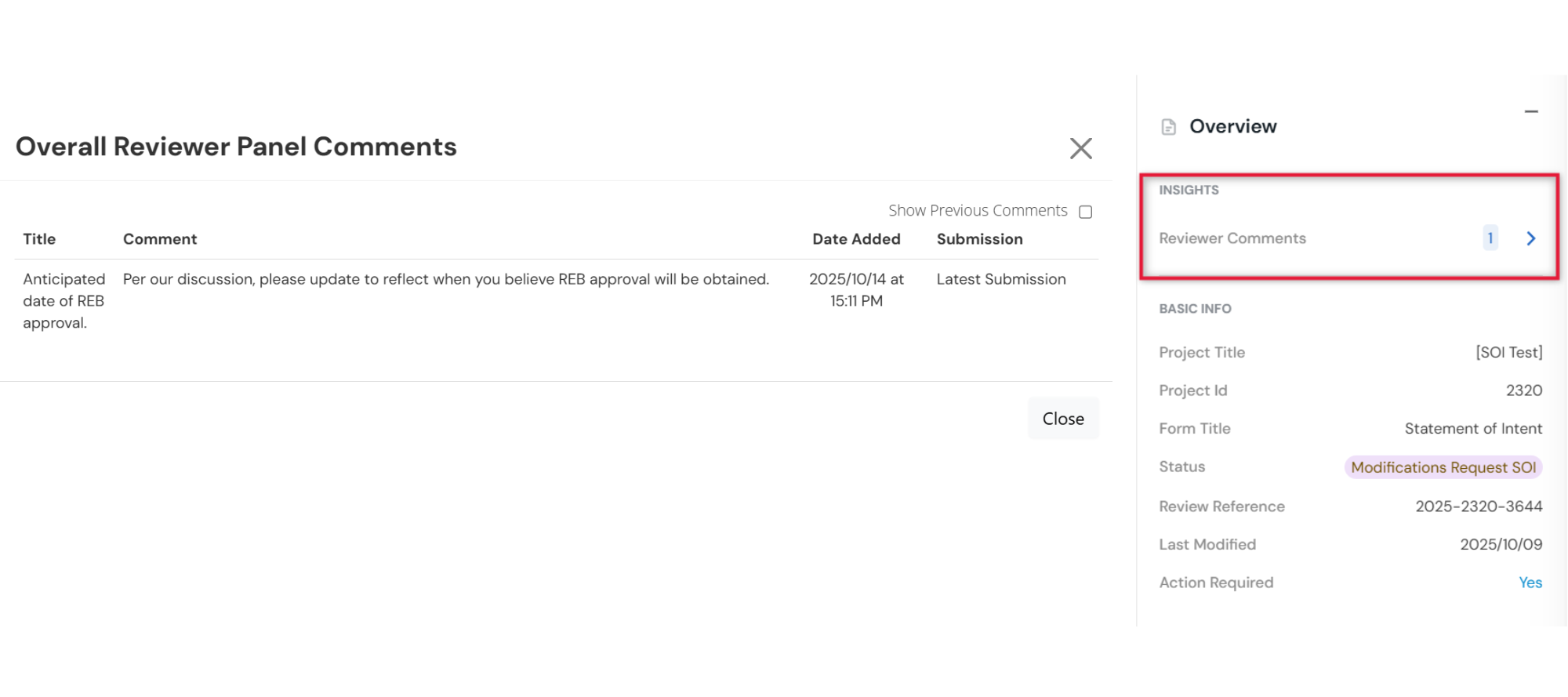Screenshot of the overview panel and the overall reviewer Panel Comments.