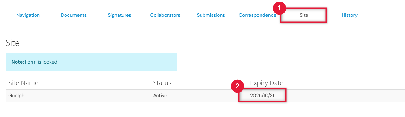 Screenshot of the Expiry Date under the Site Tab