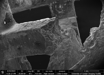 The fracture surface of an Al lattice as viewed using a scanning electron microscope (SEM). There is a black background with thick greyish pieces that are broken. 