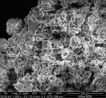 Through a scanning electron microscope, a black and white photo of hundreds of grey crystals in an assortment of geometric shapes (i.e. triangles, rectangles, and hexagons) on a black background