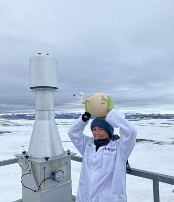 A co-op student from the University of Guelph conducts weekly air sampling at the Global Atmospheric Watch Laboratory in Alert, Nunavut.