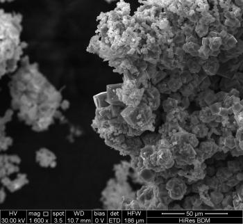 Through a scanning electron microscope, a black and white photo of many microscopic grey cube-like crystals on a black background. 