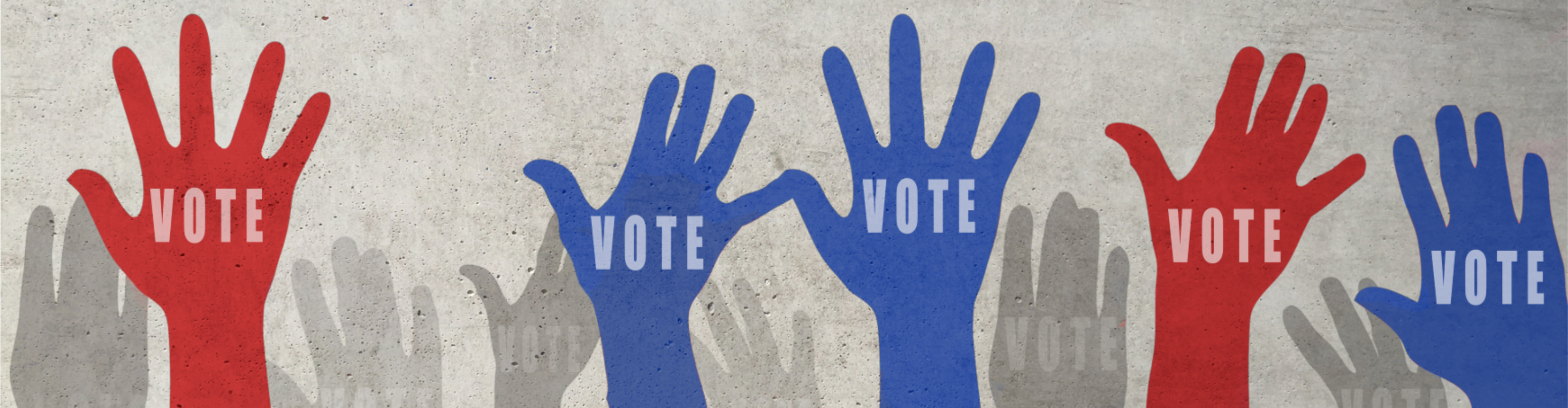 Series of hands in red, blue and grey inscribed with the word vote. 