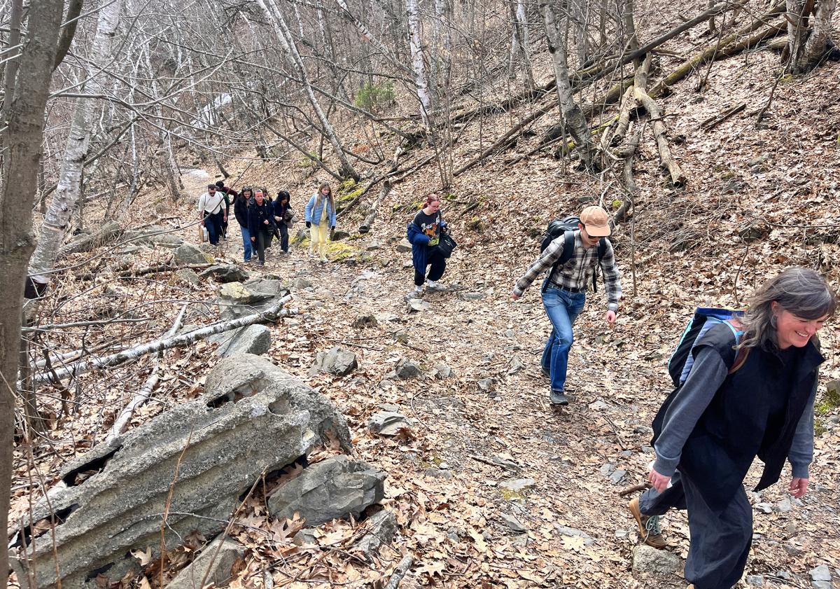 A group hiking up Mount Royal mountain surounded by trees and rocks