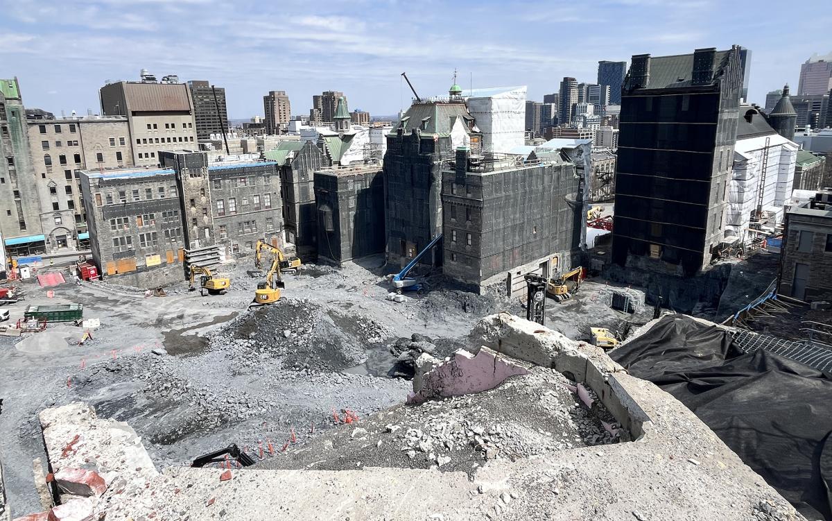 A view of bedrock blasting in the city at the Old Vic site adjacent to McGill University.