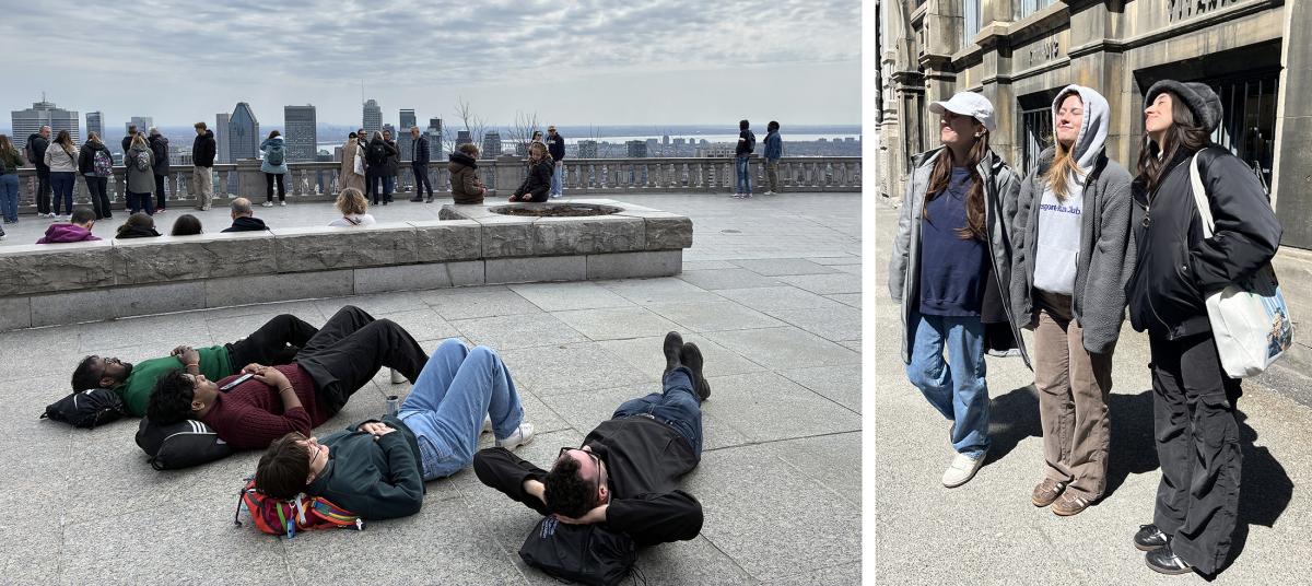 Two images of students basking in the sun at the Mount Royal viewing area
