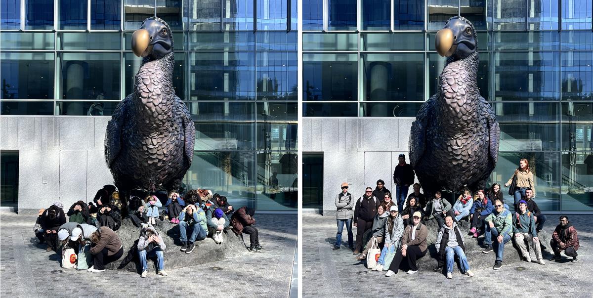 Two images of students posing with a tall dodo bird sculpture