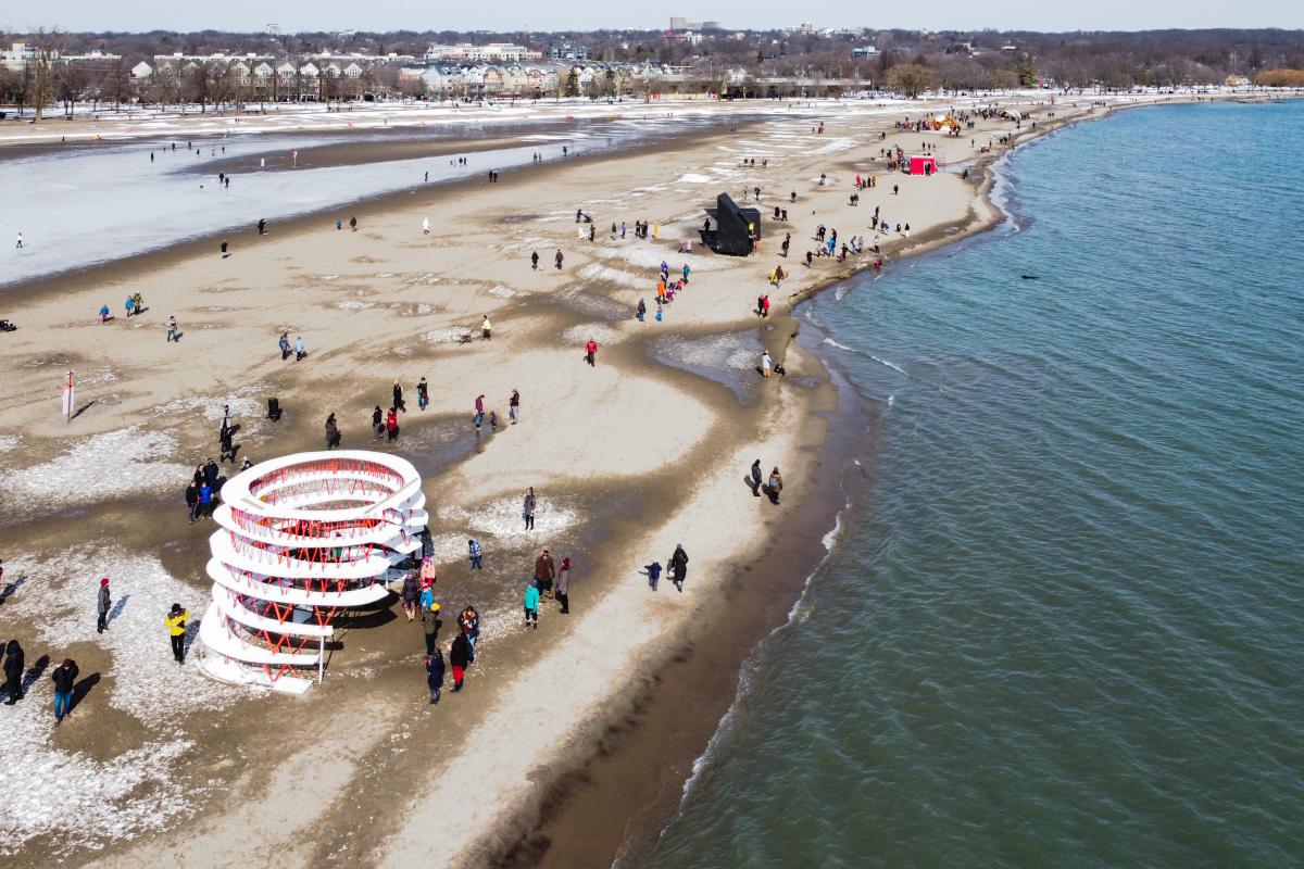 Aerial view of OneCanada“ installation at Woodbine Beaches in Toronto