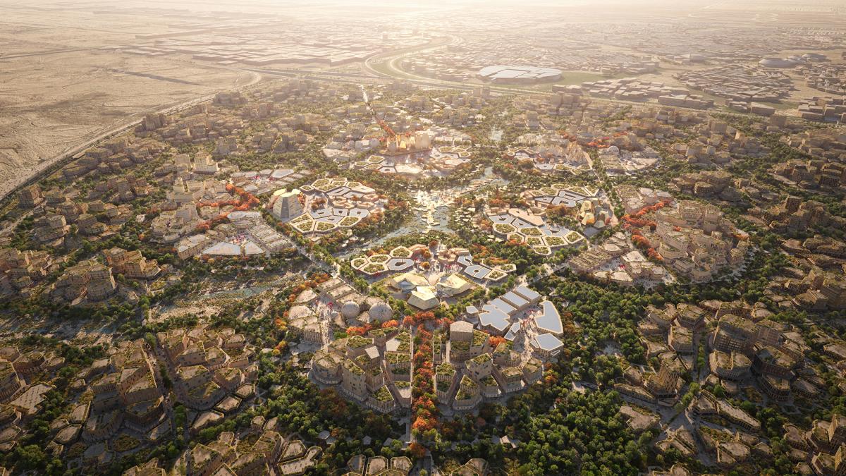 Aerial view of concept masterplan for Expo 2030 in Riyadh, Saudi Arabia
