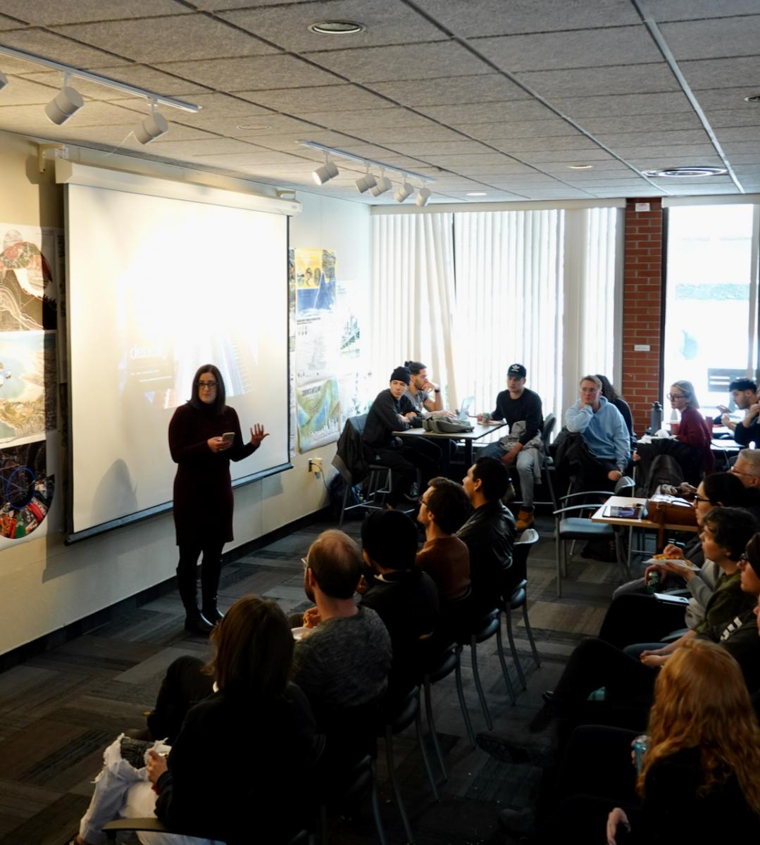 Sarah Lamontagne speaking to a crowd of landscape architecture students