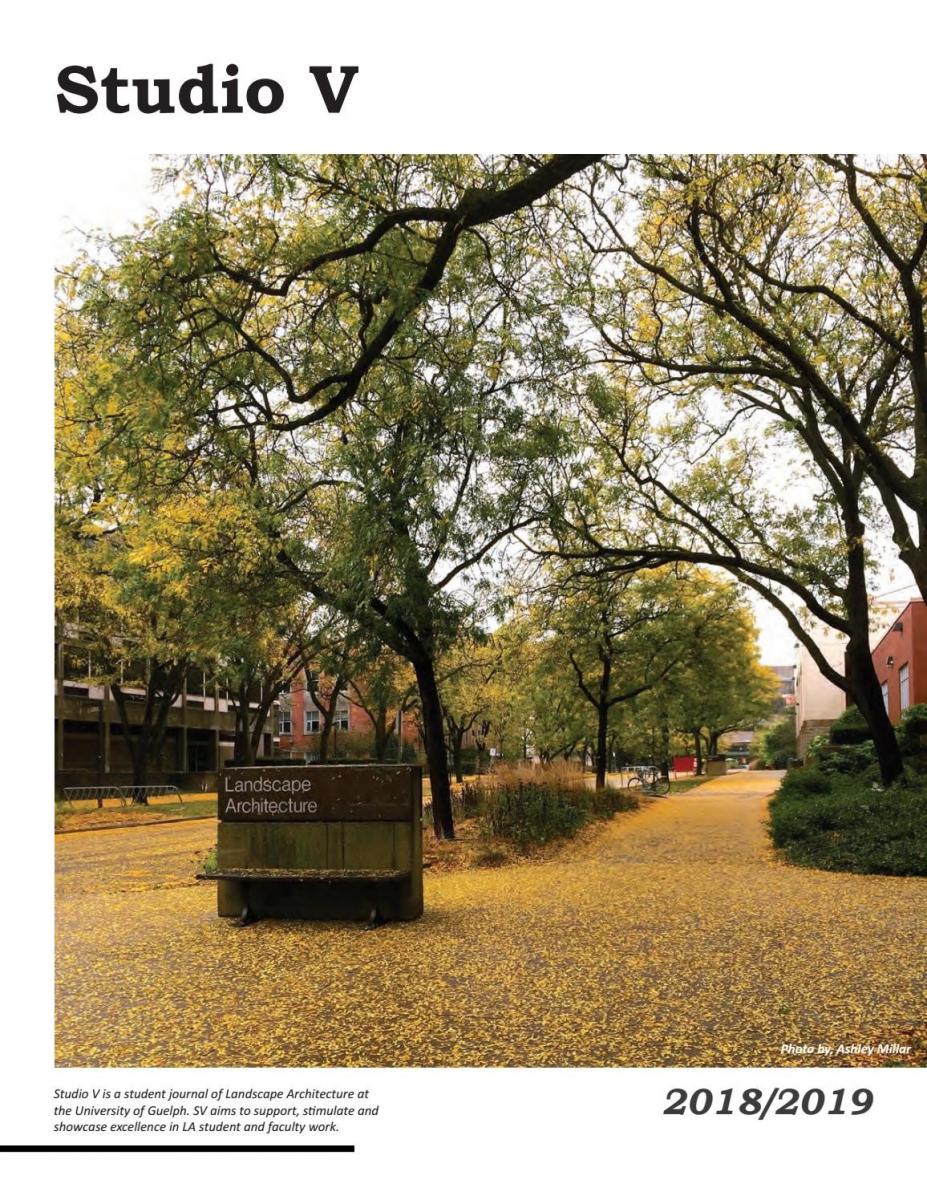 Studio V journal cover page with building sign and fall leaves on the ground