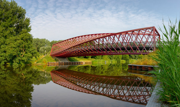 Red Steel Bridge Over Canal