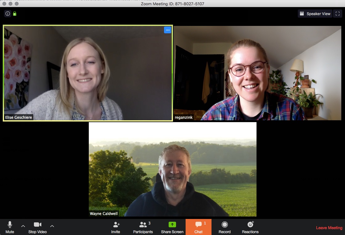 Screen capture of three people Videoconferencing