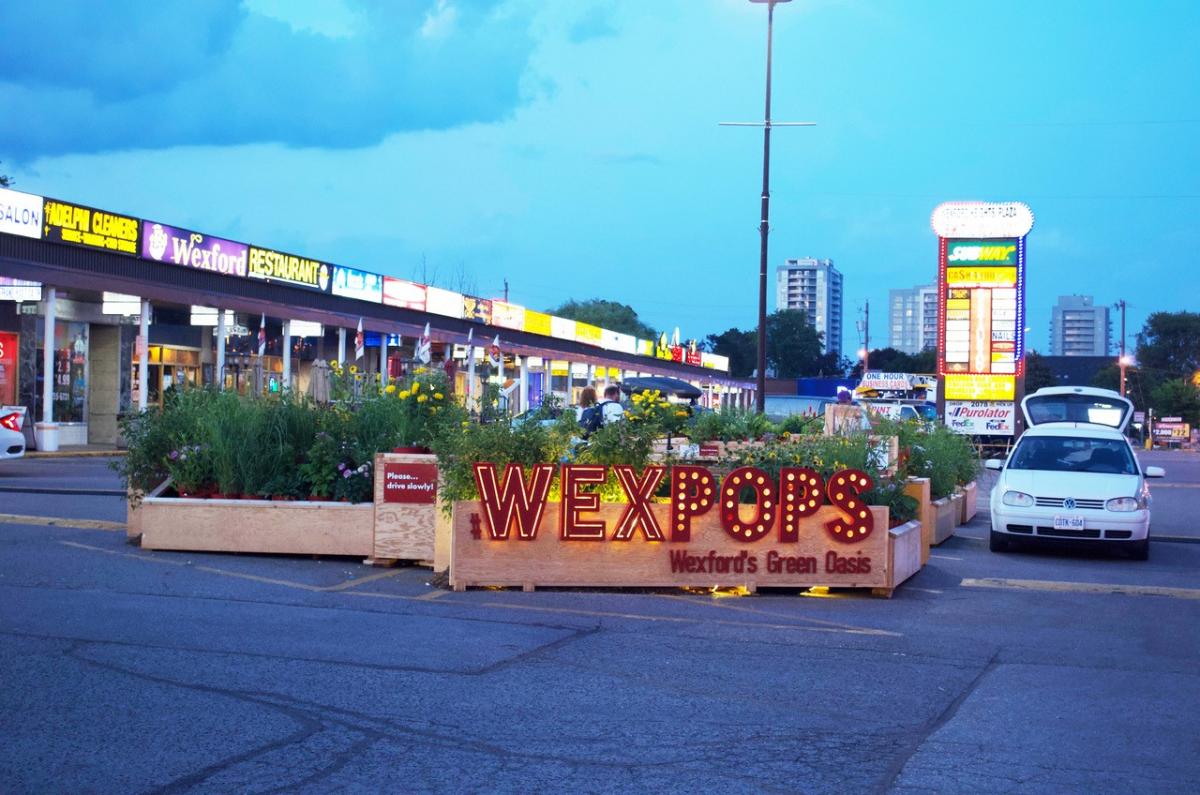 WexPops, pop-up parklet in parking lot plaza