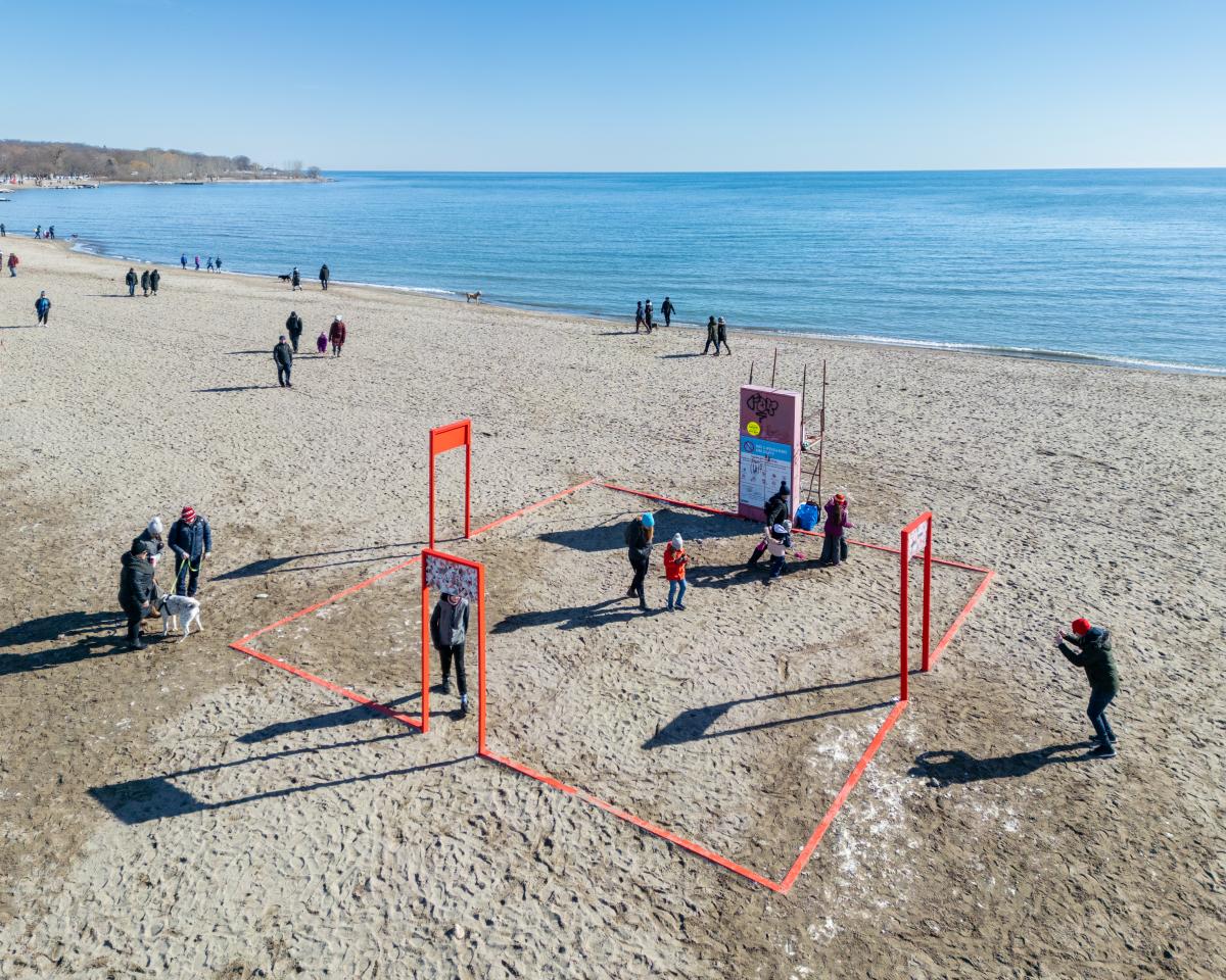 Aerial view of hybrid installation on the sand at Woodbine Beach i