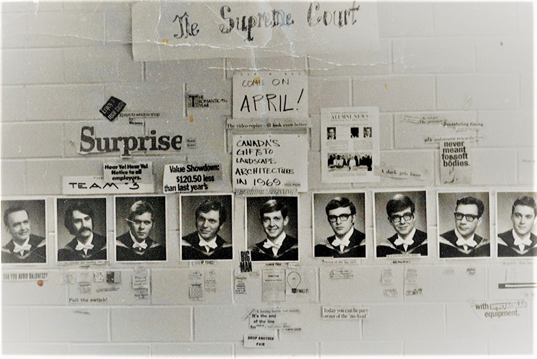Old photo of wall showing posters of students from the late 1960s with sign that says "The Supreme Court"