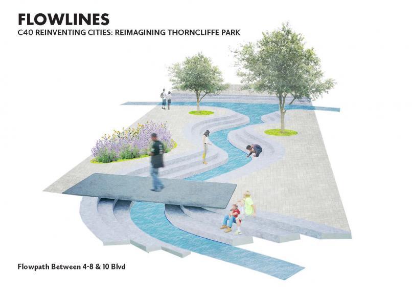 Illustration of Flowpath Design (water, bridge and trees) at Thorncliffe Park