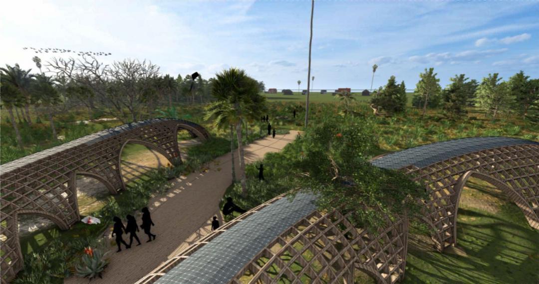 Rendered image of a flower shaped shade structure with solar panels