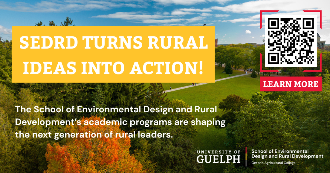 Arial view of Johnston Green with text on top "SEDRD Turns Rural Ideas Into Action" with a QR Code