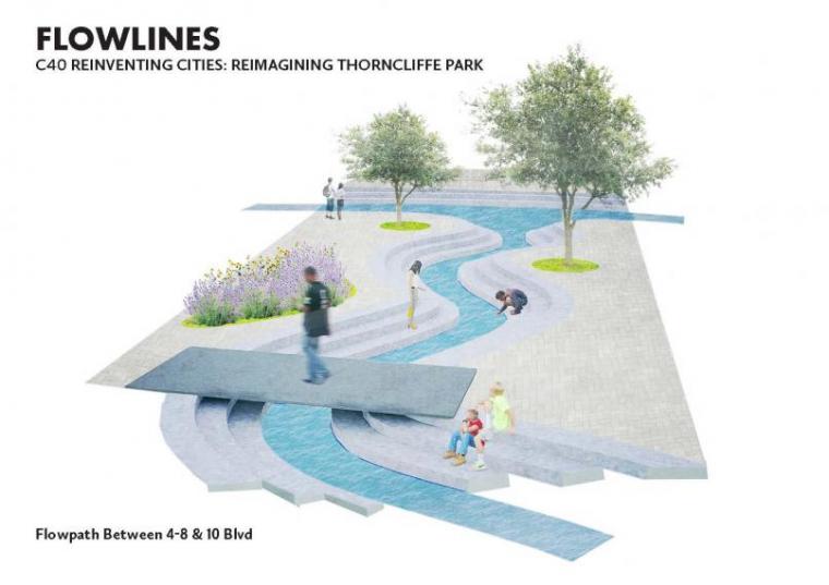 Illustration of Flowpath Design (water, bridge and trees) at Thorncliffe Park